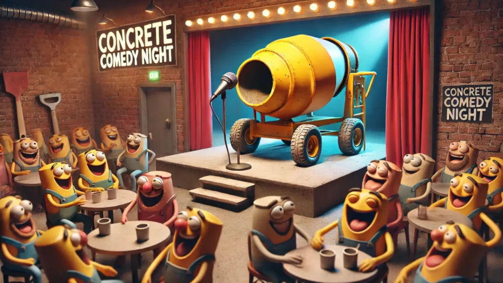 A funny concrete mixer delivering jokes at a comedy club to an audience of construction tools and cement bags.