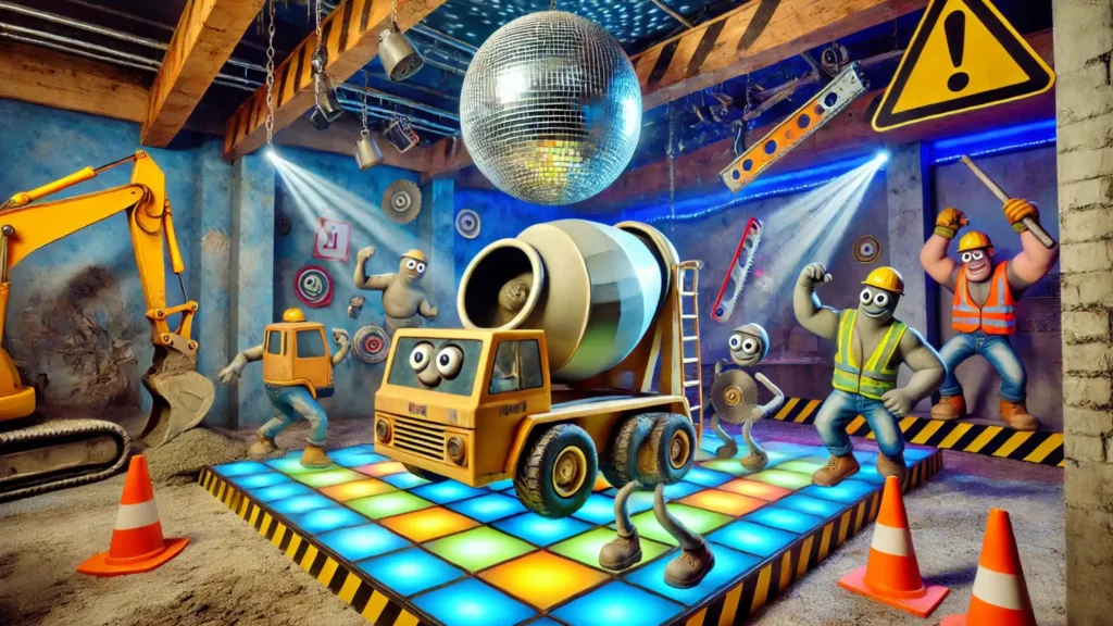 A concrete mixer having a wild night on the dance floor with dancing construction tools at a cement-themed disco.