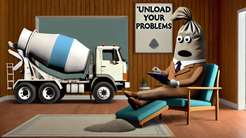 A humorous therapy session where a concrete truck is spilling its problems to a cement bag therapist.