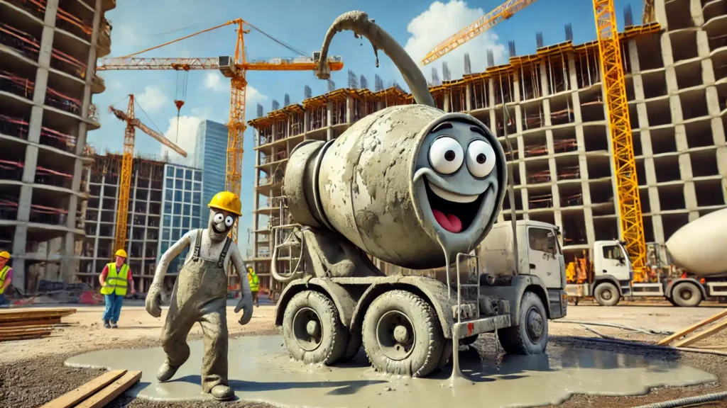 A dirty concrete mixer at a construction site spraying cement on a coworker in a funny, chaotic scene.