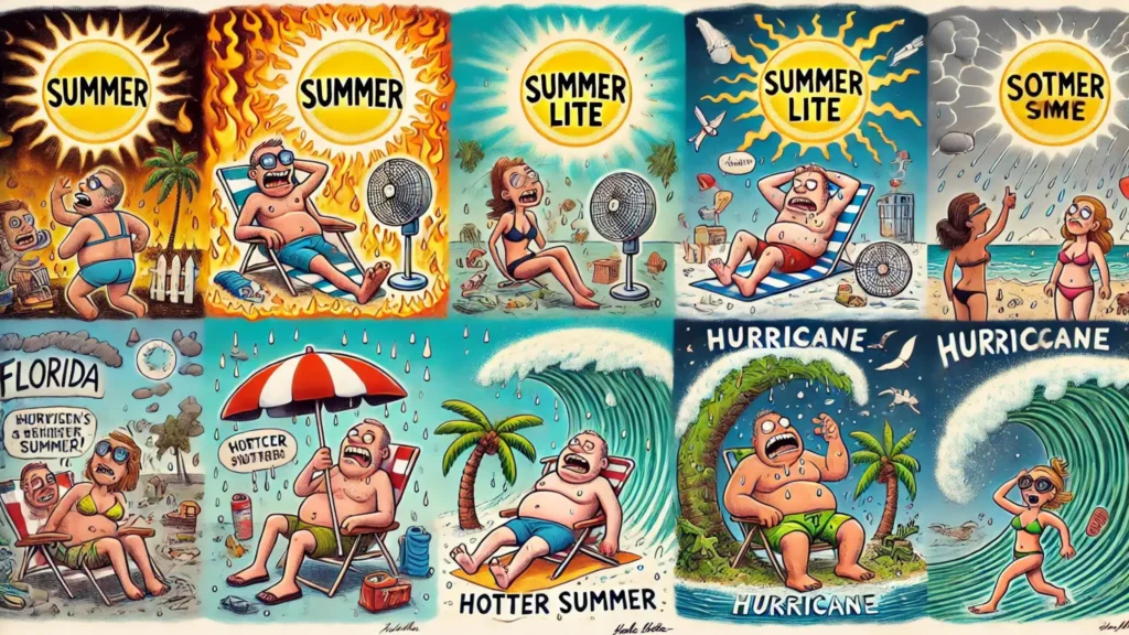 Cartoon of Florida’s four “seasons”: Summer, Summer Lite, Hotter Summer, and Hurricane, with funny characters in each season.