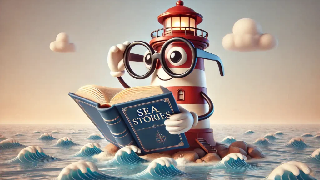 Lighthouse reading the book at sea