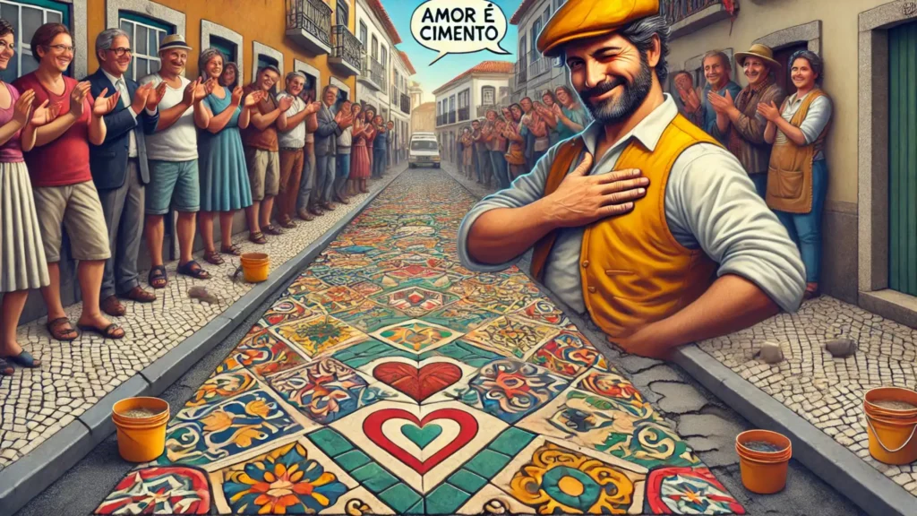 A Portuguese builder showcasing a sidewalk with decorative cement tiles, wowing a cheering crowd.