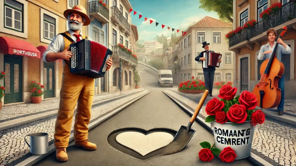 A Portuguese builder holding "Romantic Cement" with heart-shaped designs on the sidewalk and a romantic atmosphere.