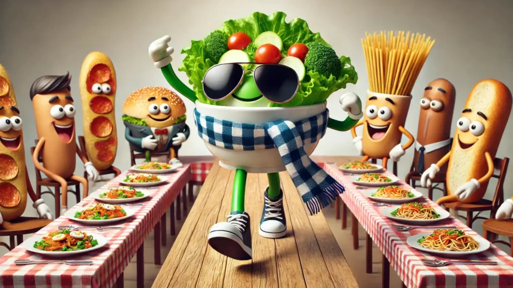 An animated bowl of salad wearing a scarf and sunglasses, walking down a dinner table runway while other dishes watch in amazement.