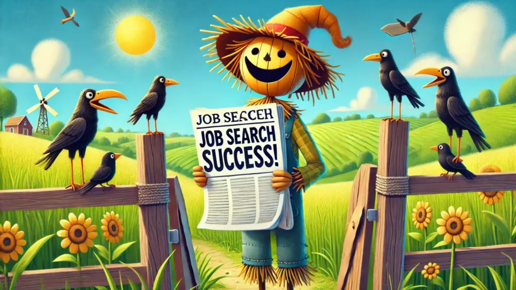 A cheerful scarecrow in a field holding a newspaper announcing a career change, surrounded by curious crows.