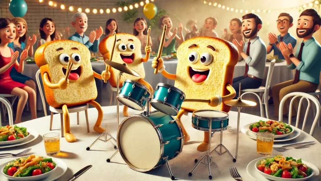 Animated breadsticks playing drums with silverware and plates, entertaining dinner guests with a funny performance.