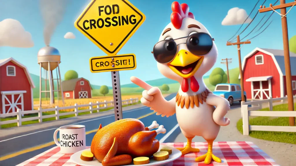 A cartoon chicken standing next to a road sign with a roast chicken on a plate, making a playful joke about crossing the road.