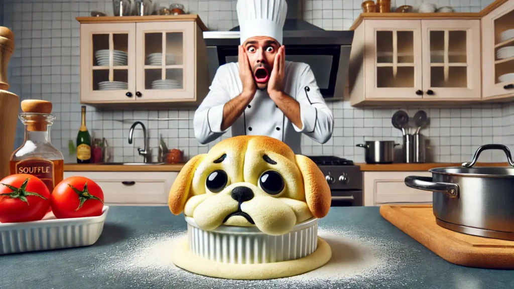 A collapsed soufflé with sad, animated eyes, sitting on a kitchen counter as a shocked chef looks on from the background.