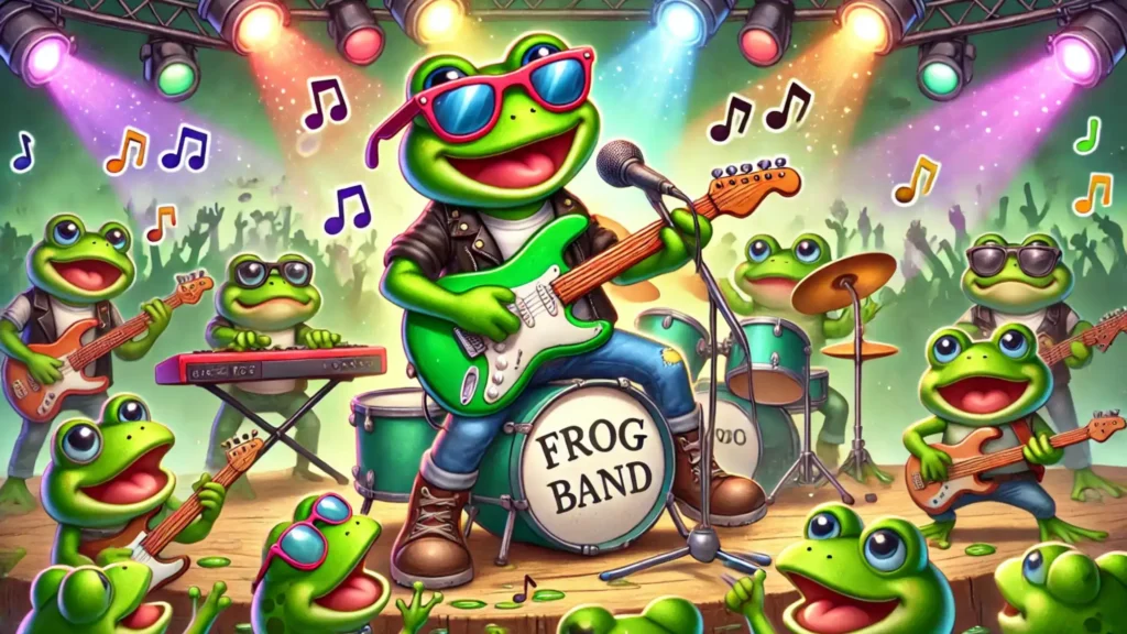 A hilarious cartoon of a frog band rocking a concert by the pond, complete with instruments and cheering animals.