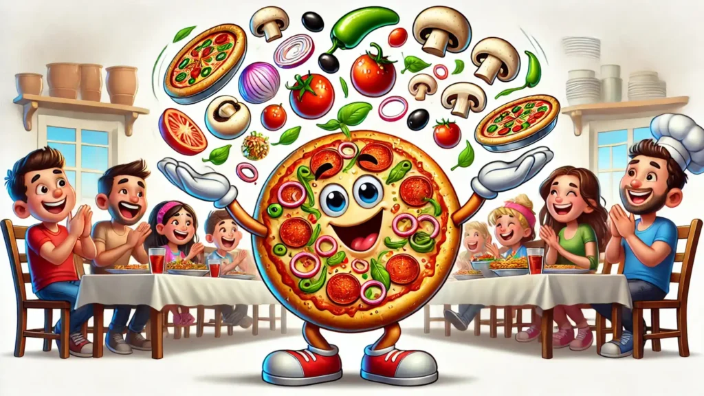 A happy pizza juggling its toppings like a juggler, entertaining a family seated at a dinner table.