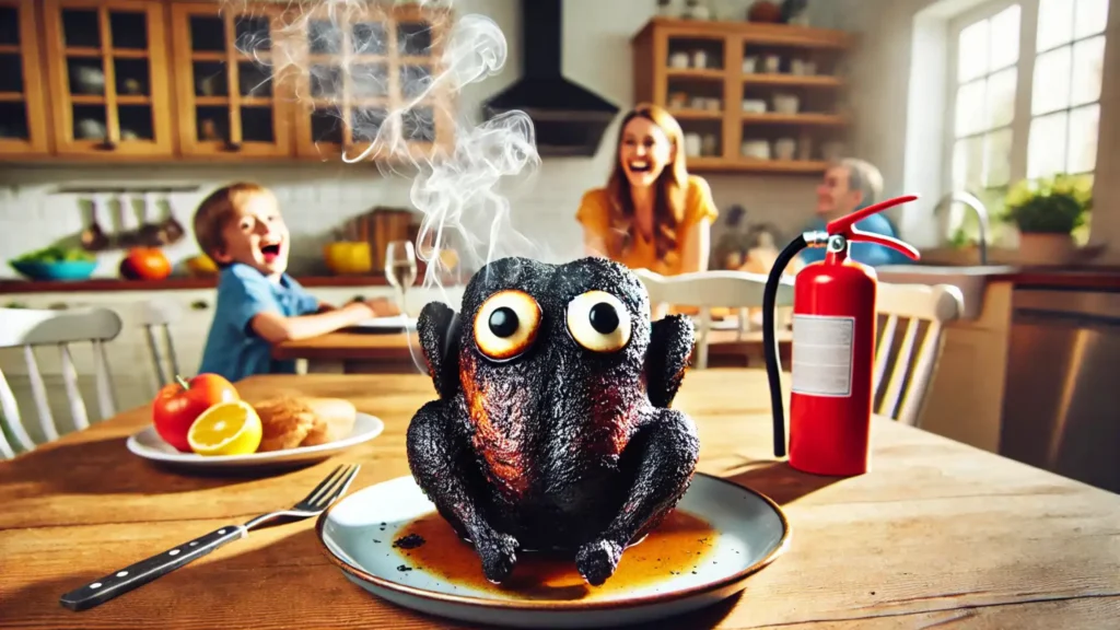 A charred, cartoon-style roast chicken with wide eyes, sitting on a plate with smoke rising humorously, while a family laughs in the background.