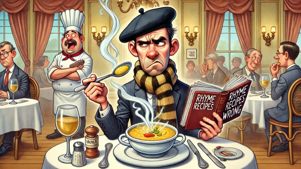 A hilarious illustration of a poet reacting to cold soup at a restaurant while the chef looks apologetic.