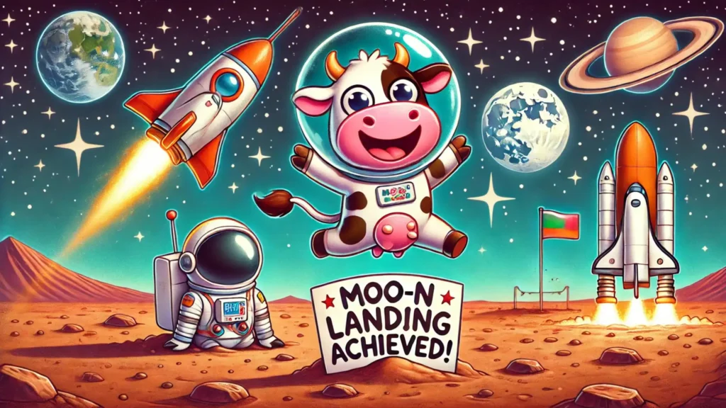 A funny cartoon of a space-suited cow celebrating a landing on Mars with a rocket and the Earth in the background.