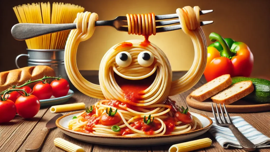 Animated spaghetti twirling itself around a fork with a playful face in a humorous dinner setting.