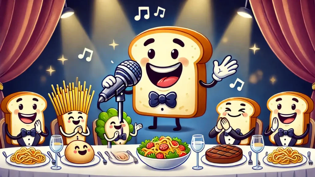 A comical piece of toast in a tuxedo giving a speech at a dinner table surrounded by laughing dishes.