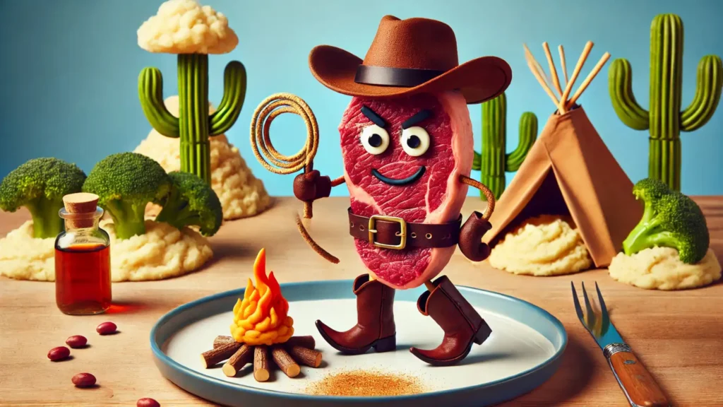 A cowboy-themed steak standing next to a breadstick campfire, with a humorous food desert scene in the background.